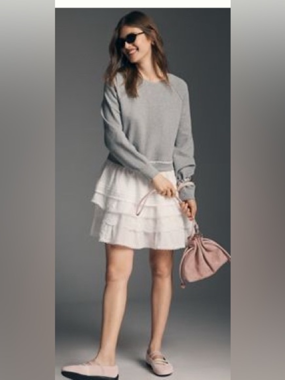 Anthropologie Gray Layered Lace-Hem Sweatshirt Top with White Tiered Trim NWOT